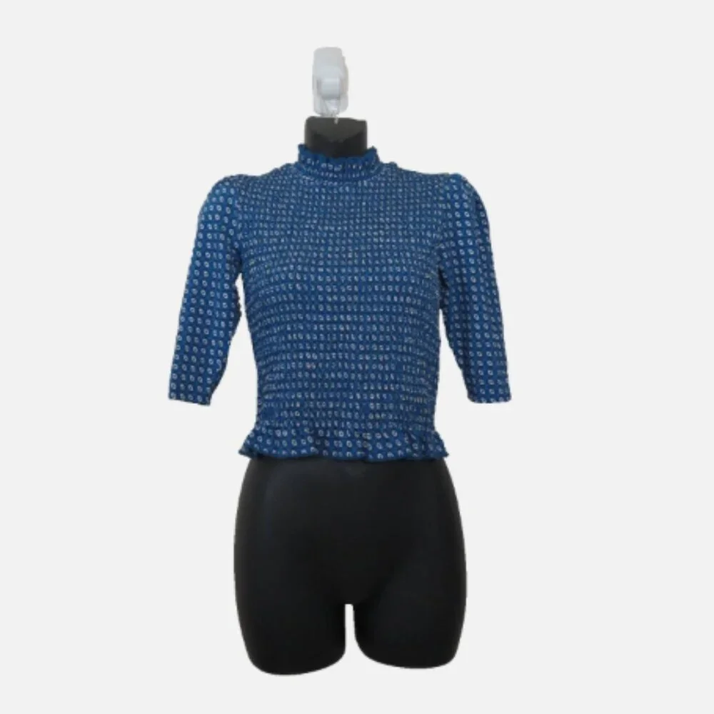 Sandro size 0 Molitor Smocked Top Blue Printed Half Sleeve Mock Neck NEW - Picture 1 of 6